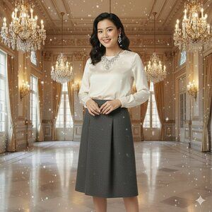 Japan Women Small Wool Midi Skirt Lined Gray Preppy Quiet Luxury